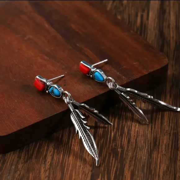 Antiqued Silver Long Feather Tassel Drop Earrings Colorful Torquoise Coral - Picture 3 of 5